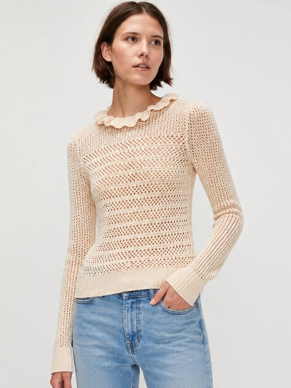 7 For All Mankind NWT Openwork Ruffle Neck Sweater Oatmeal Women Size M